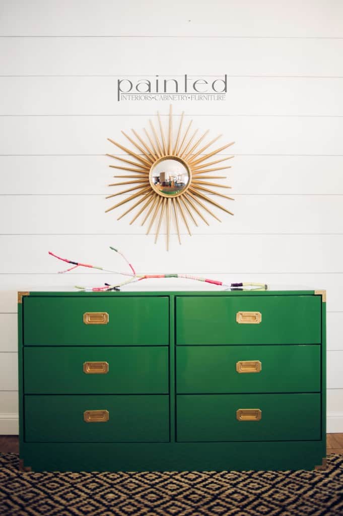 glossy green campaign dresser painted in Fine Paints of Europe Hollandlac Brilliant with brass hardware