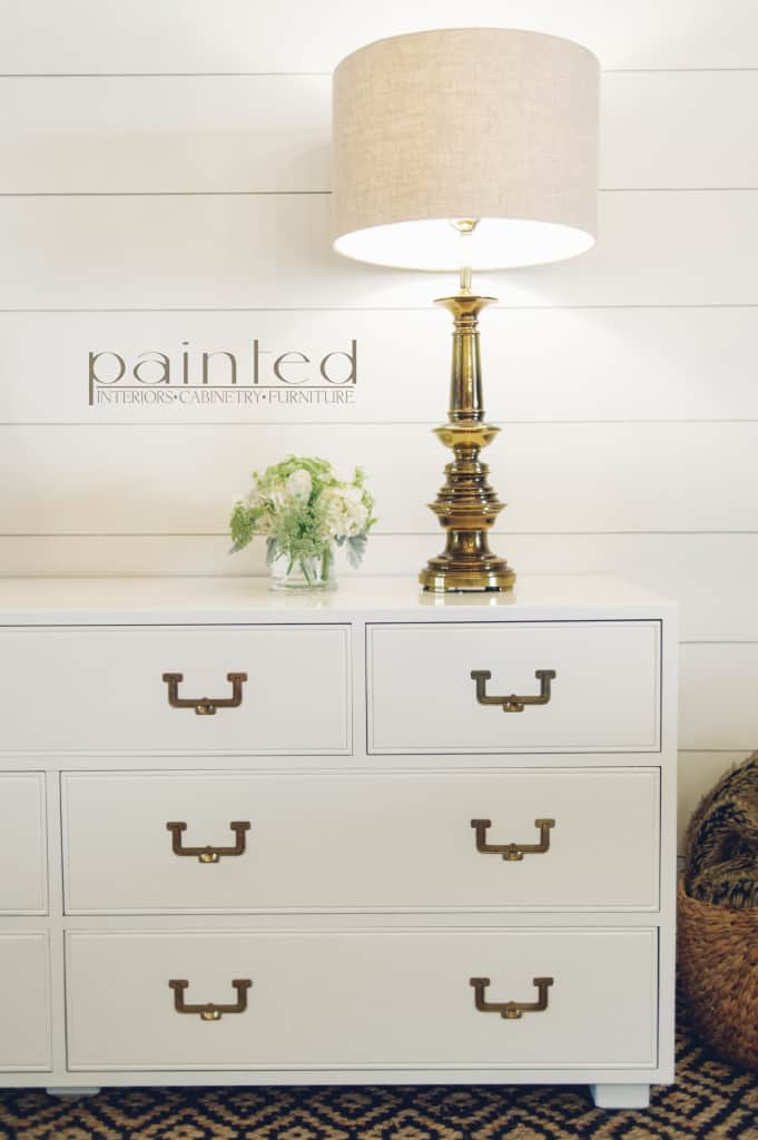 Vintage Henredon Artefacts Campaign dresser with brass hardware painted with high gloss oil enamel Fine Paints of Europe Hollandlac Brilliant in Benjamin Moore White Dove shiplap walls