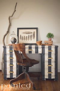 Striped desk in Annie Sloan Chalk Paint Graphite and Old White The Home Depot Martha Stewart brass cup pulls painting stripes on furniture