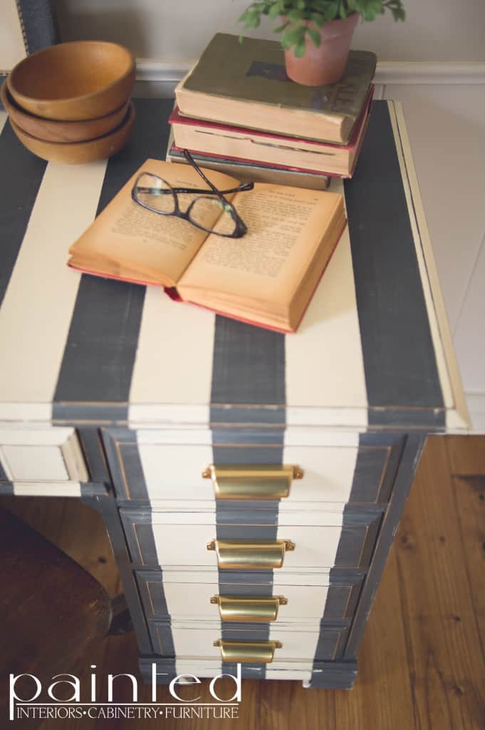 Striped desk in Annie Sloan Chalk Paint Graphite and Old White. how to paint stripes on furniture. black and white striped furniture