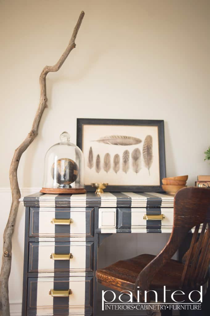 Striped desk in Annie Sloan Chalk Paint Graphite and Old White. how to paint stripes on furniture. black and white striped furniture