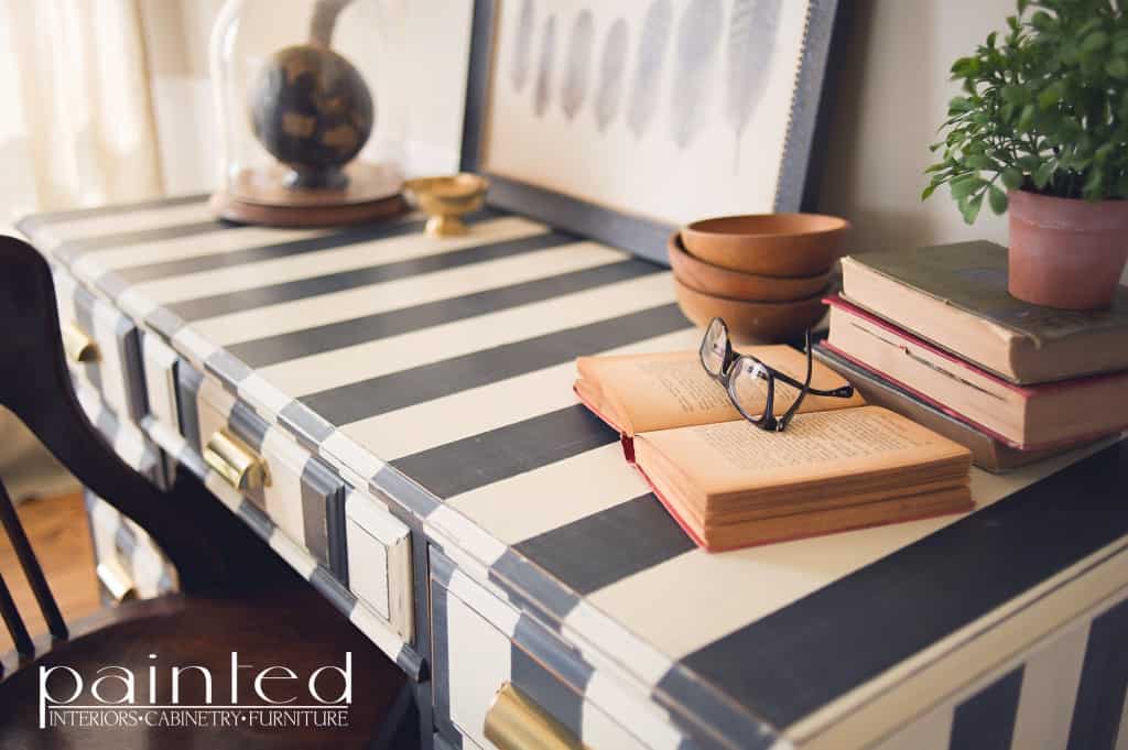 Striped desk in Annie Sloan Chalk Paint Graphite and Old White. how to paint stripes on furniture. black and white striped furniture