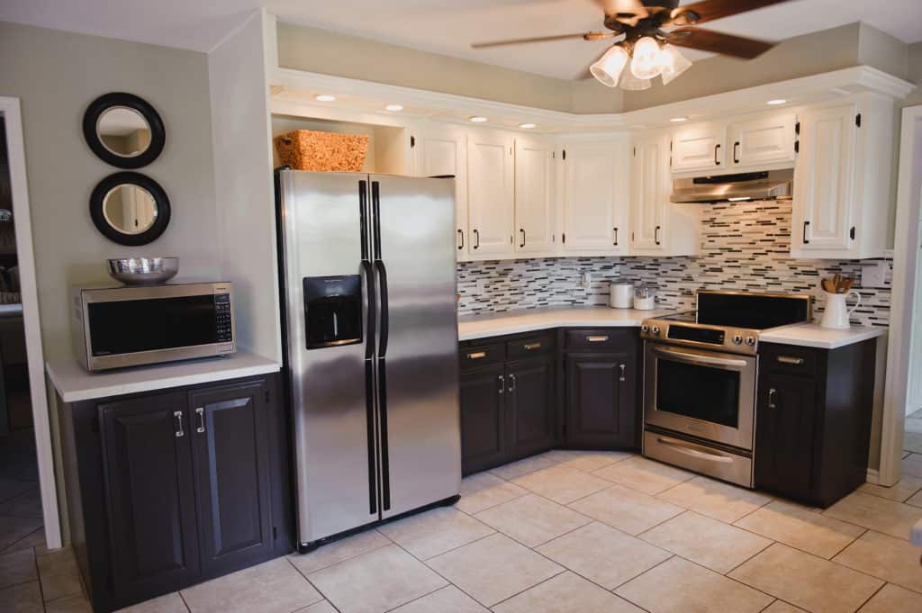 Before and After Kitchen Remodel. Two tone Painted cabinetry