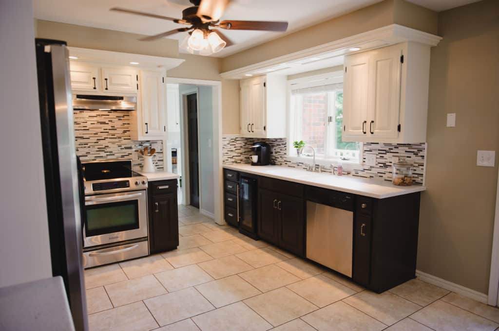 Before and After kitchen remodel. Two tone painted cabinetry