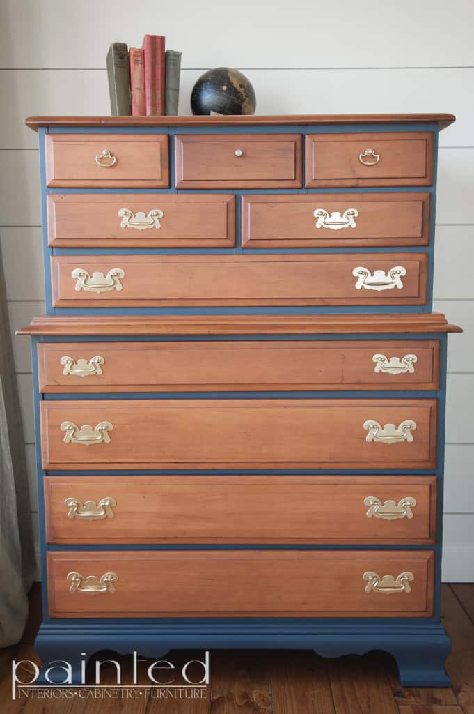 Two tone chest of drawers in Java Gel and Hale Nav