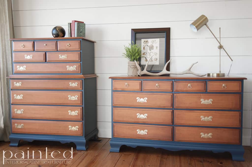 Two tone chest of drawers in Java Gel and Hale Nav