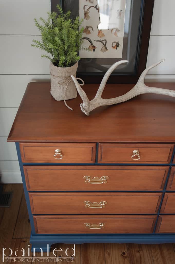 Two tone chest of drawers in Java Gel and Hale Nav