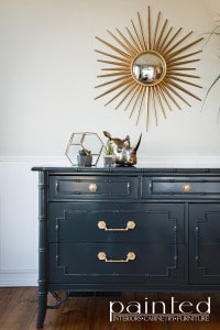 piano black finish. high gloss black. how to paint high gloss black. how to  get a piano finish. Henry link faux bamboo chest of drawers. Bali hai  dresser - Painted by Kayla