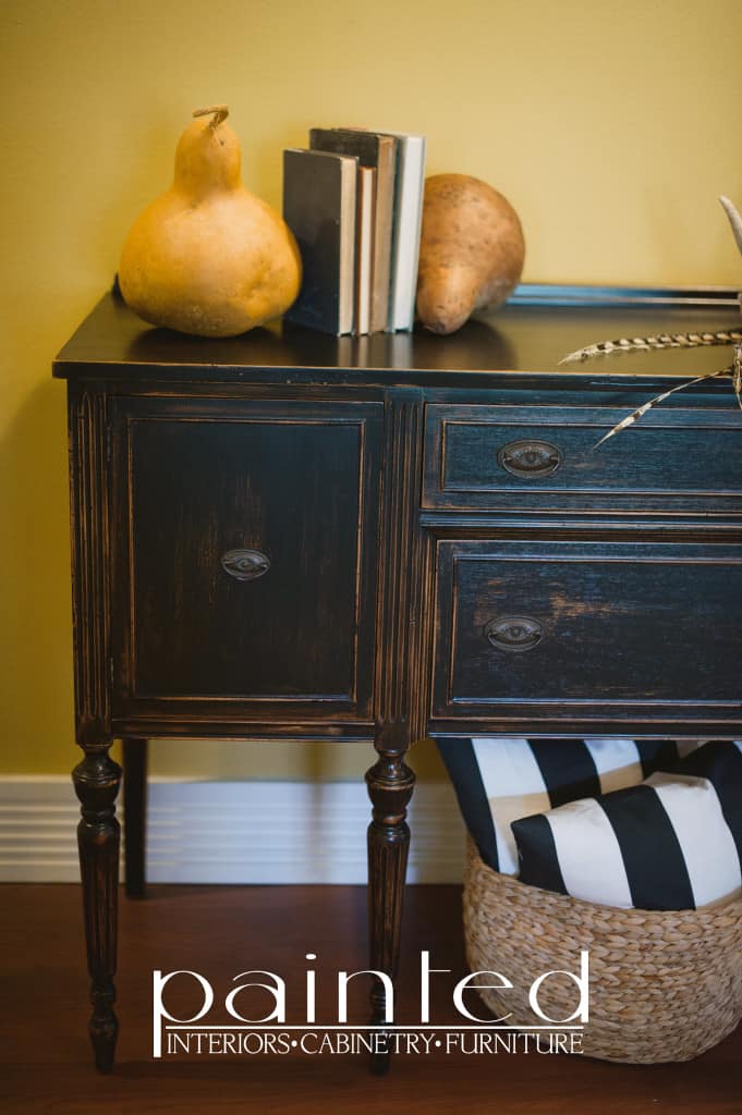 antique buffet painted in General Finishes Milk Paint in Lamp Black distressed