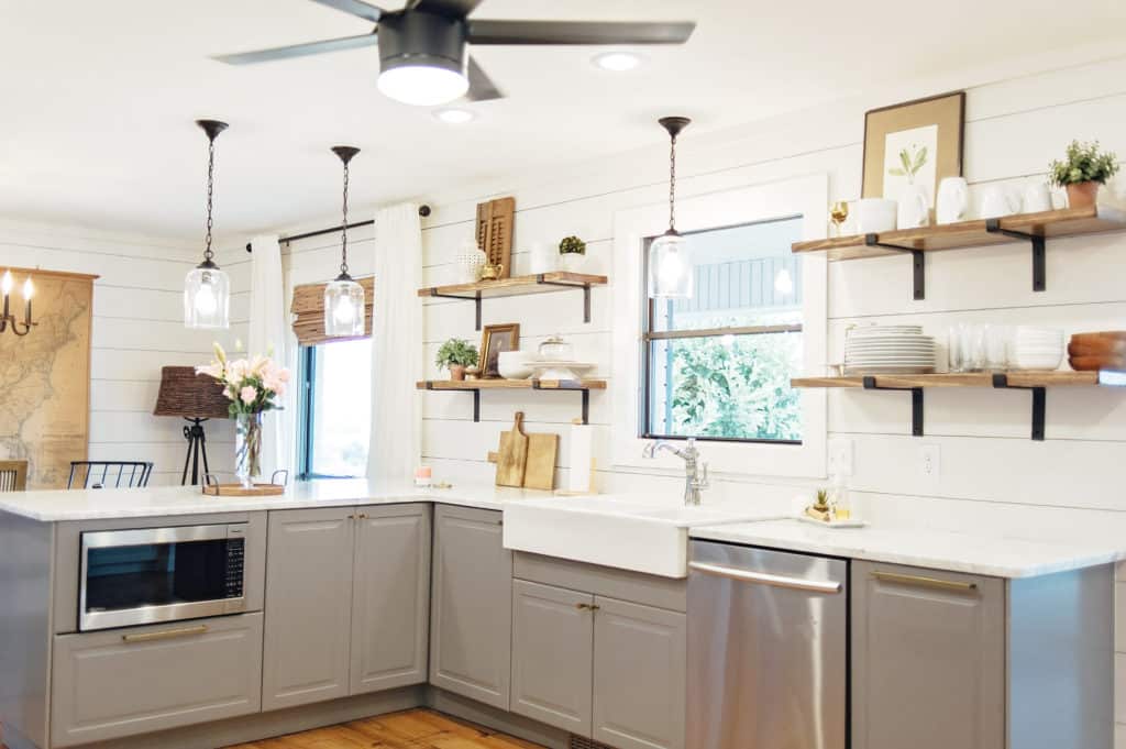 Ikea Bodbyn cabinets in kitchen remodel. IKEA farmhouse sink.