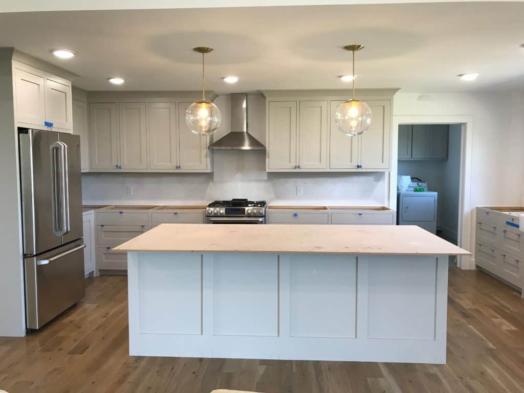 Inset shaker cabinets painted in Benjamin Moore Revere Pewter