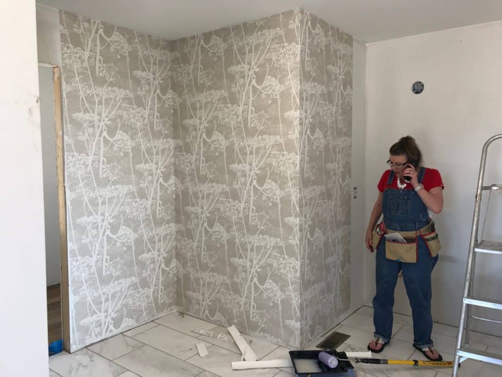 Cole and Son Cow Parsley wallpaper installation in master bathroom of our forever home.