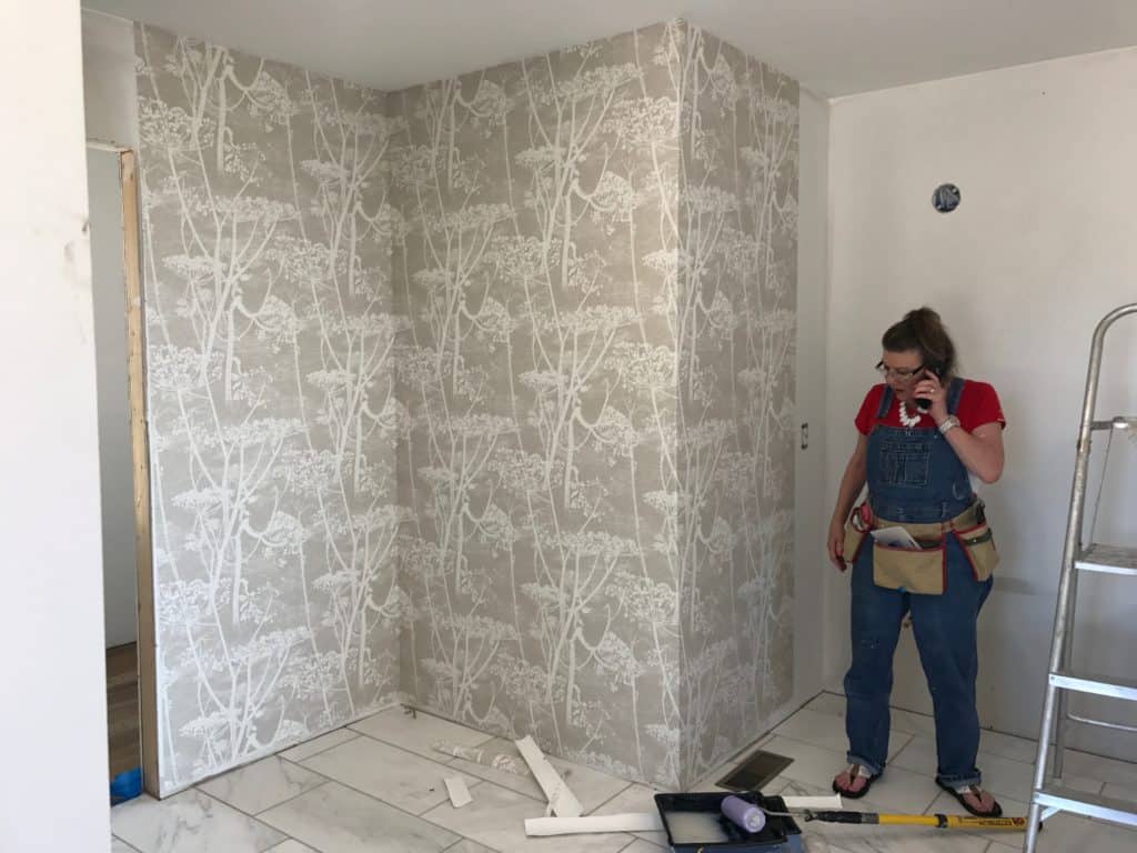 Cole and Son Cow Parsley wallpaper installation in master bathroom of our forever home.