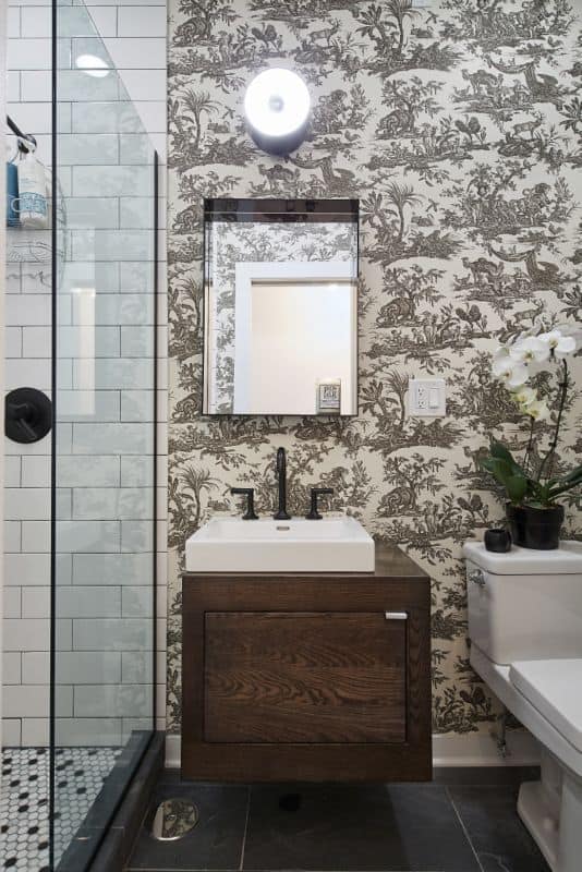 Black and White Toile wallpaper in modern bathroom