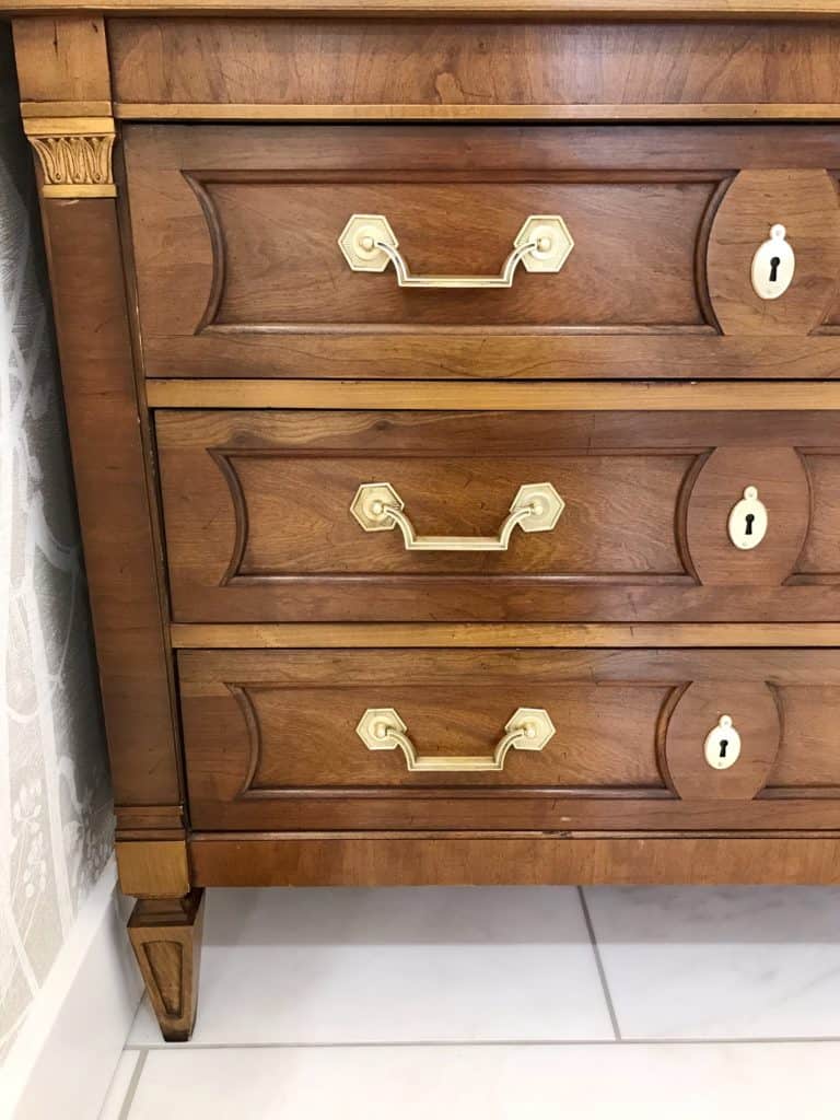 Gorgeous polished brass hardware on Thomasville dresser