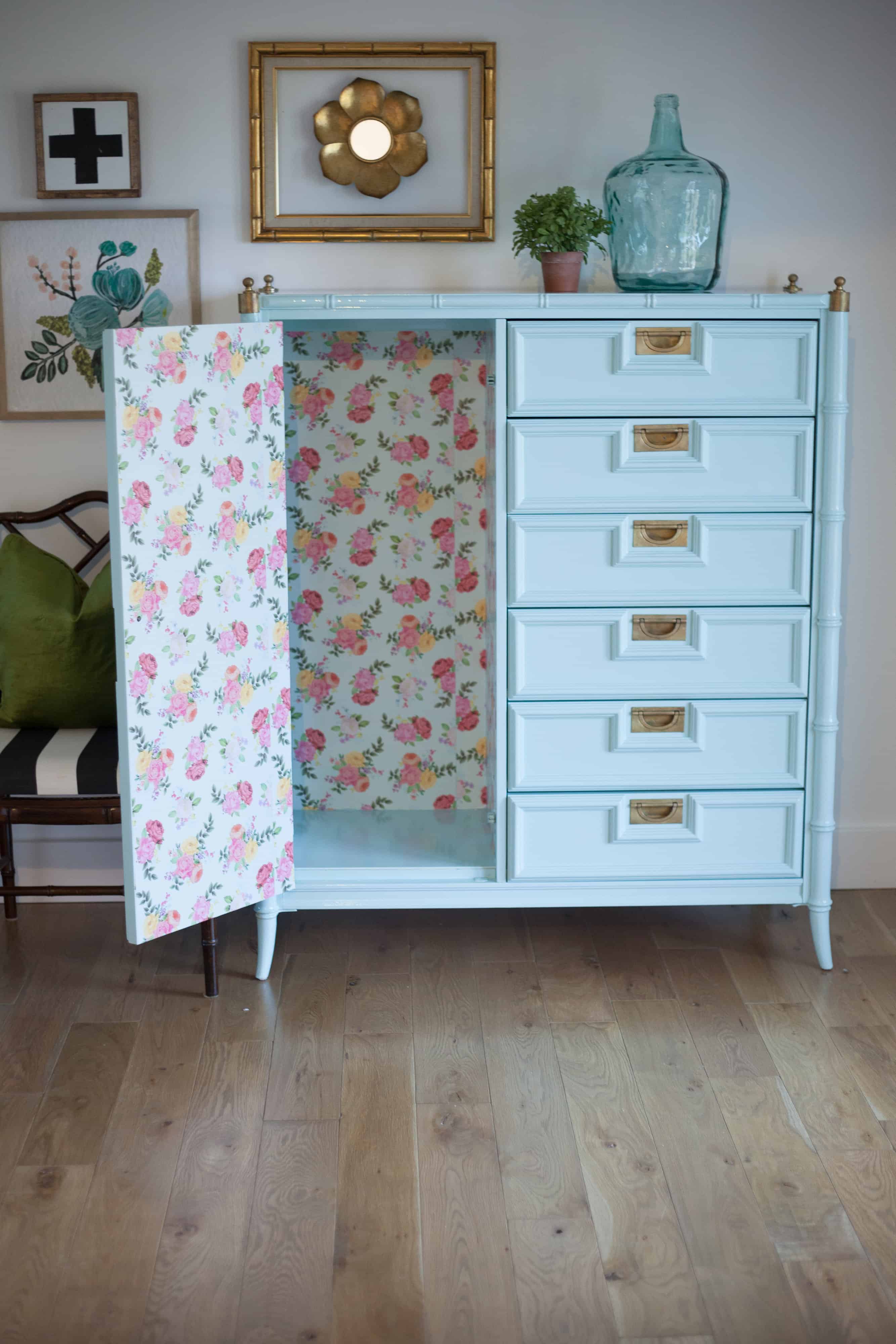 Attaching craft paper to furniture using mod podge. How to take your boring furniture and turn it into a beautiful, one of a kind piece!