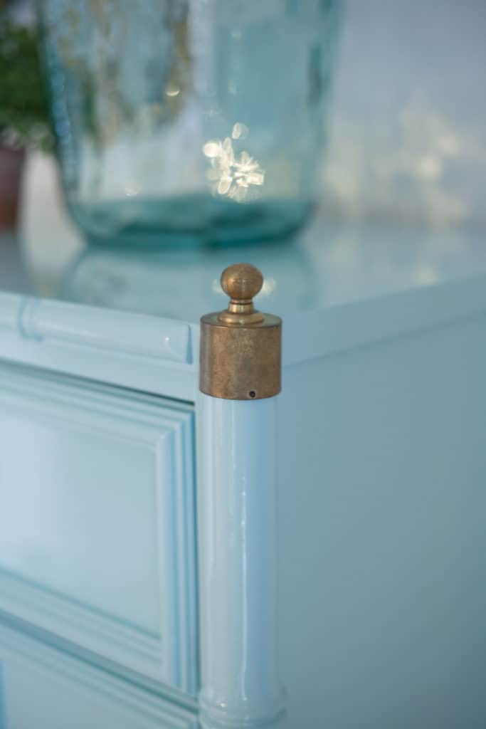 Amazing vintage brass campaign hardware on this Stanley faux bamboo armoire is so gorgeous after polishing with Bar Keeper's Friend!