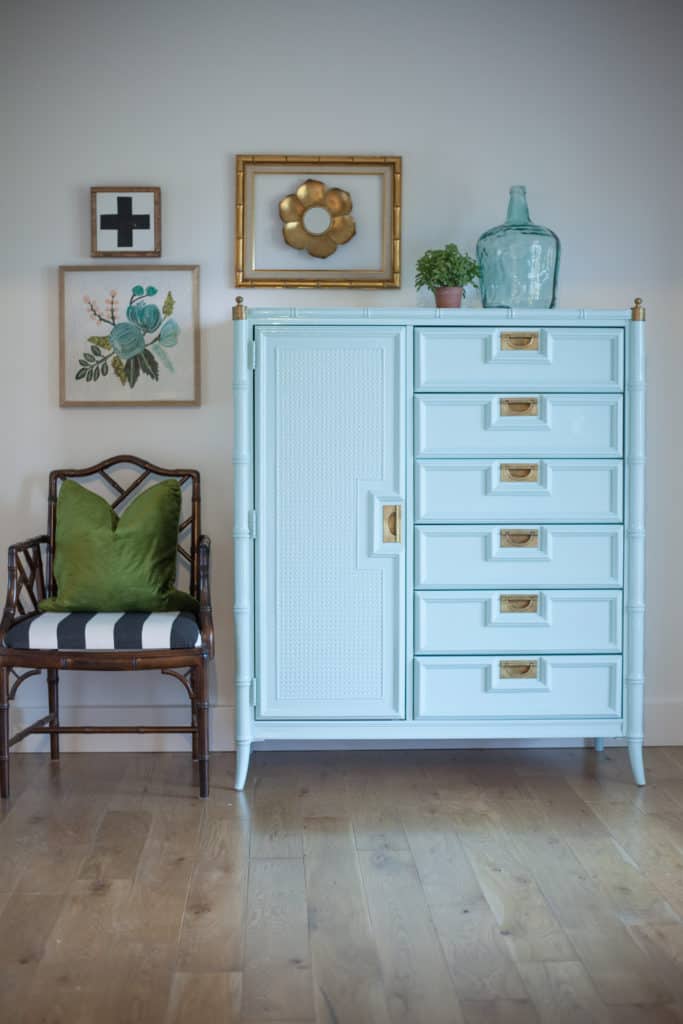 Glossy faux bamboo chest of drawers made by Stanley furniture lacquered in gorgeous shade of aqua with brass campaign hardware