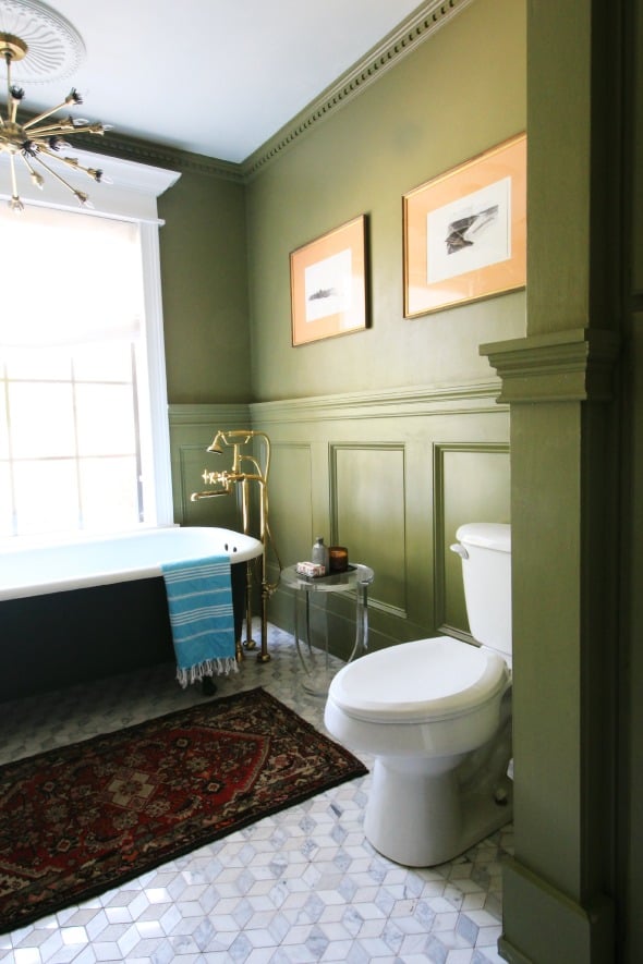 Olive green bathroom by Jenny Komenda of Little Green Notebook