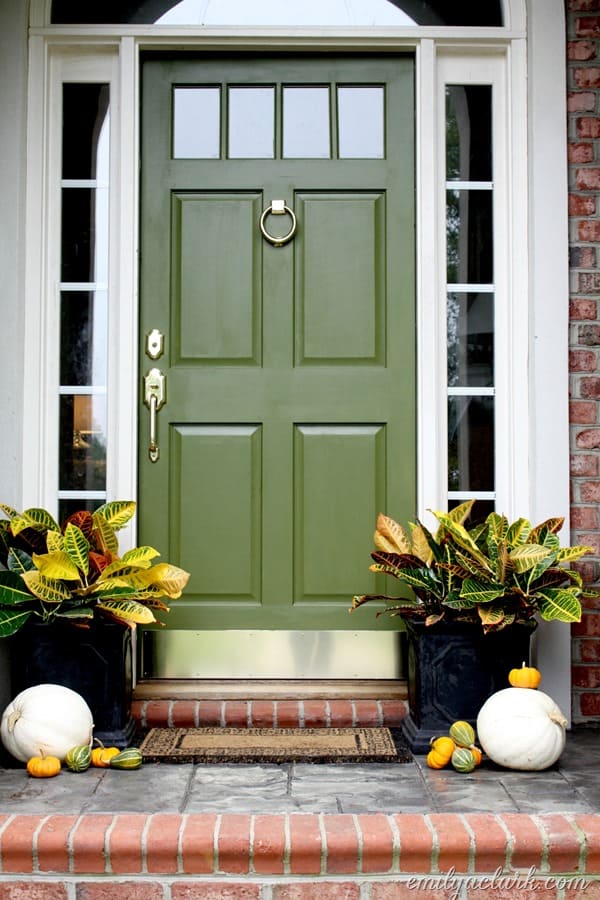 Olive front door with brass door knocker by Emily A Clark