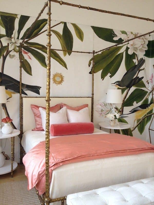 How fun is this bold floral print in this uber chic bedroom! Hollywood regency style brass bed rounds out this designer chic look!