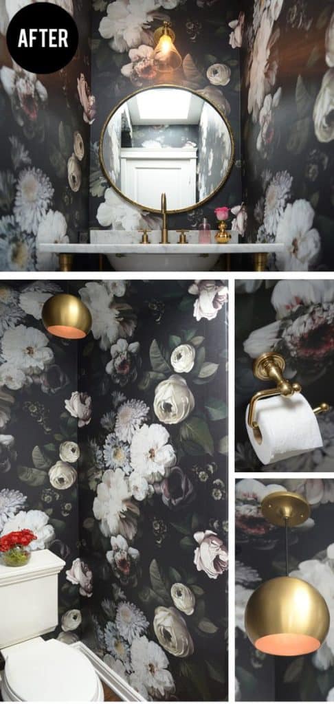 Bold floral wallpaper transforms this powder room in the best possible way!