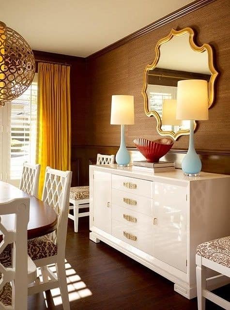 Glossy credenza steals the show in this chic dining room. Hot Home Trends for 2018