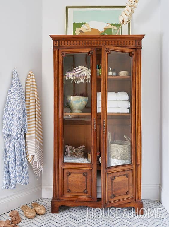 Antique China Cabinet In The Bathroom Used For Storage Painted