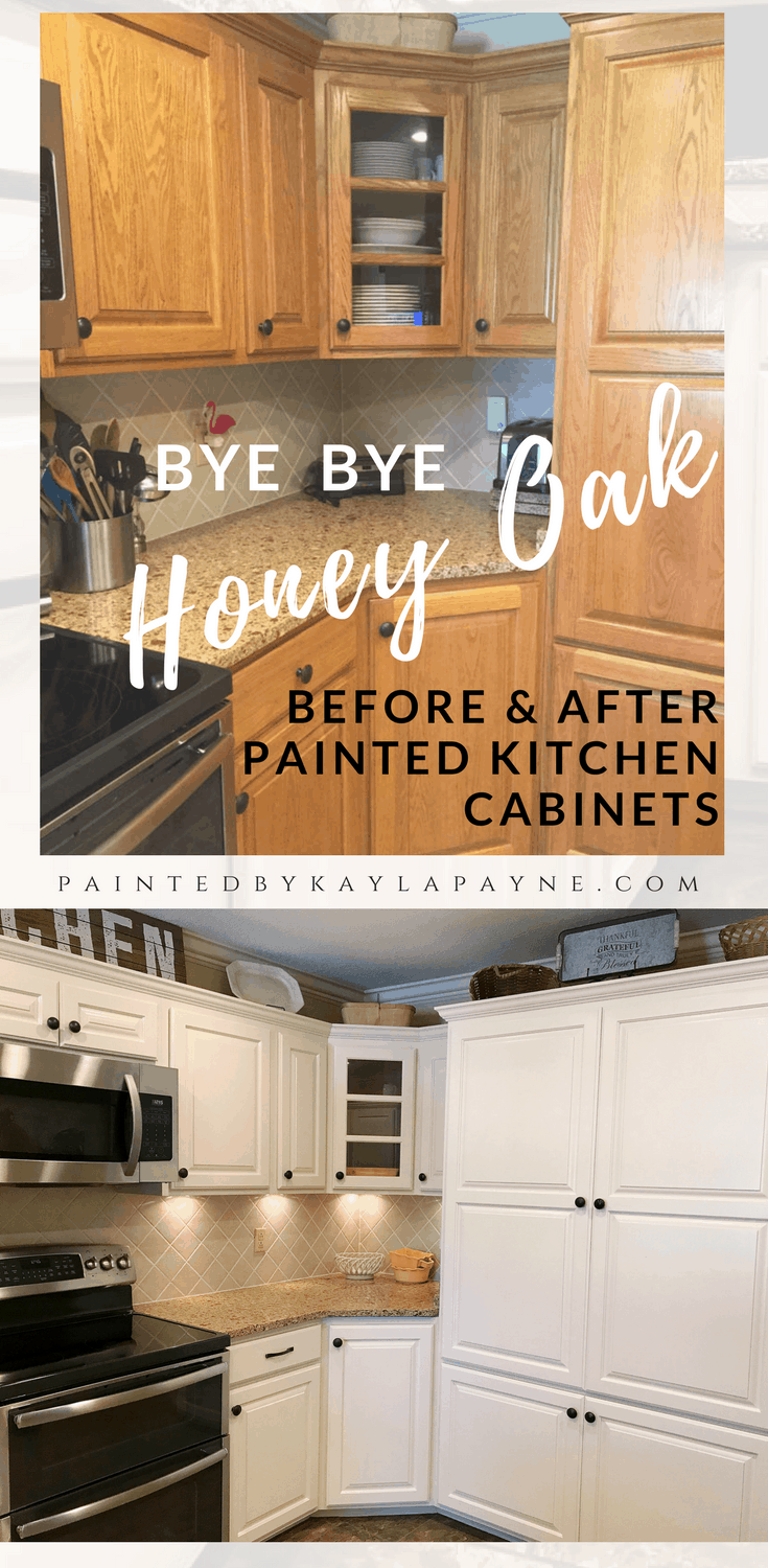 Kiss that honey oak goodbye! How to update your kitchen cabinets with paint. The best paint to use for your kitchen cabinets. Bye Bye honey oak kitchen cabinets