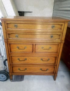 Solid wood, vintage Drexel Triune chest of drawers with beautiful original brass hardware