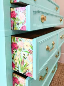 Quick and easy paper application for furniture. Make your dresser pop with a fun punch of pattern and color. Follow this simple instruction for applying paper to your furniture!