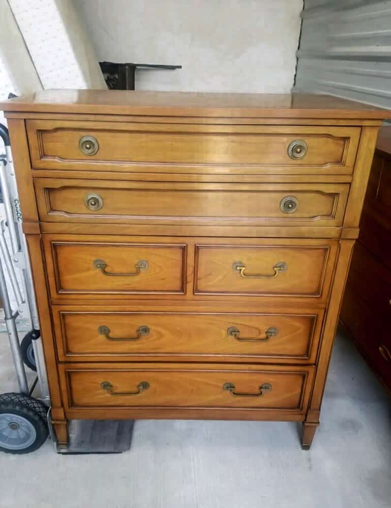 Solid wood, vintage Drexel Triune chest of drawers with beautiful original brass hardware