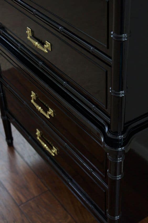 piano black finish. high gloss black. how to paint high gloss black. how to  get a piano finish. Henry link faux bamboo chest of drawers. Bali hai  dresser - Painted by Kayla