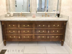 master bathroom remodel. traditional master bathroom decor. traditional home decor. how to paint gloss furniture. how to lacquer furniture. high gloss paint on wood furniture. fine paints of Europe hollandlac brilliant. Benjamin Moore white dove on china cabinet. painted china cabinet ideas