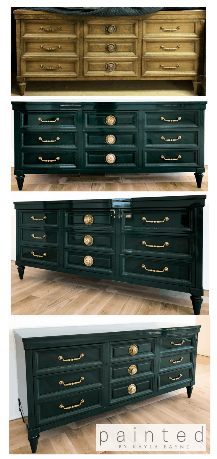 Before and After vintage American of Martinsville dresser. High gloss dark green