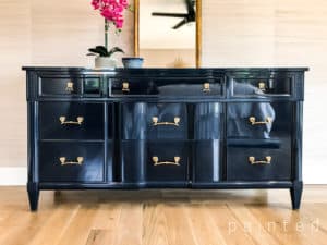 Vintage Kent Coffey Lancia dresser sprayed in high gloss Hollandlac Brilliant by Fine Paints of Europe. glossy paint, high gloss oil, lacquer paint, how to paint gloss, can you wet sand painted furniture