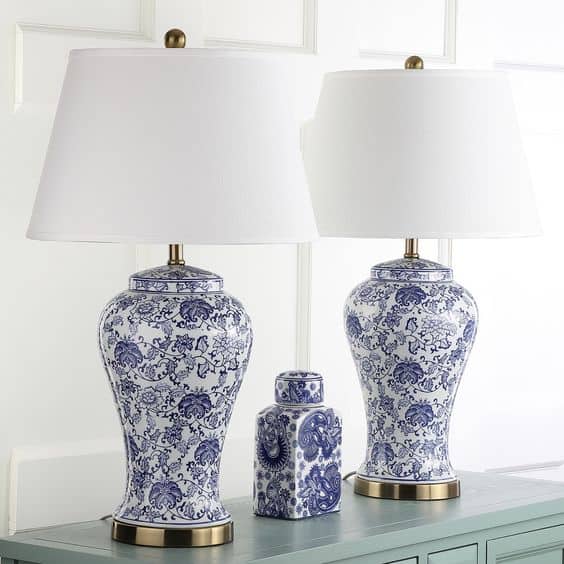 chinoiserie lamps, blue and white lamps, temple jar lamps