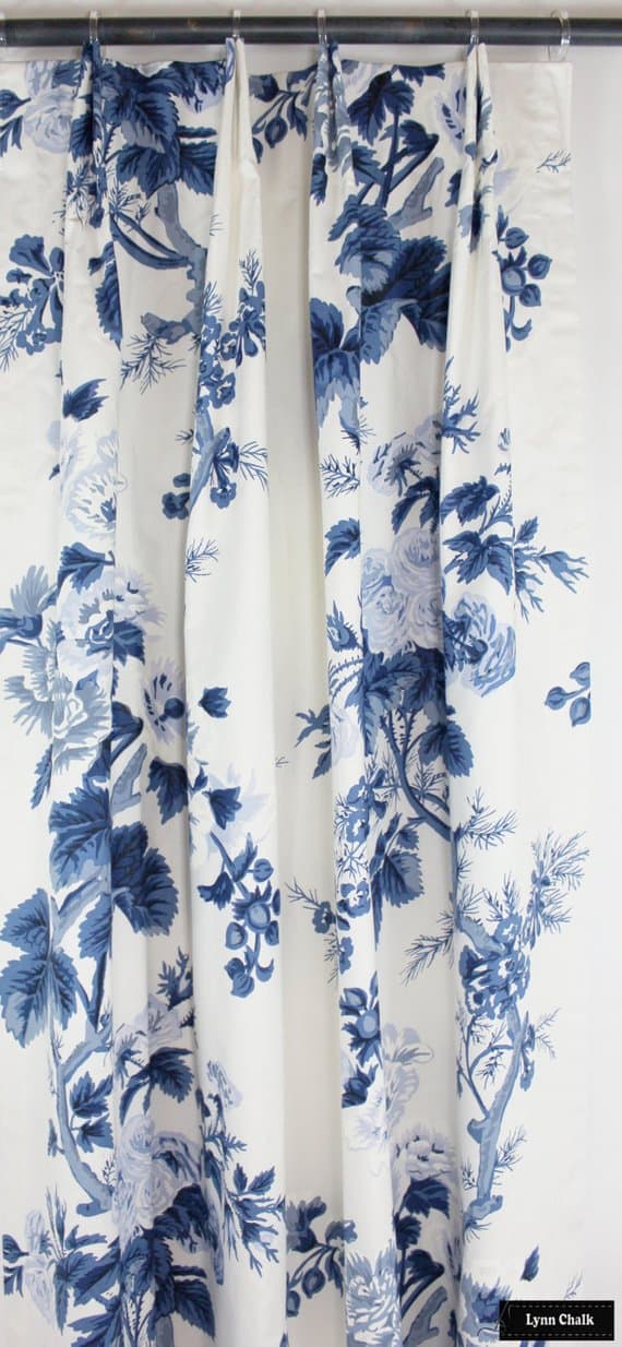 Lynn Chalk custom drapes, designer window covering, pyne hollyhock drapes, custom curtains, blue and white curtains