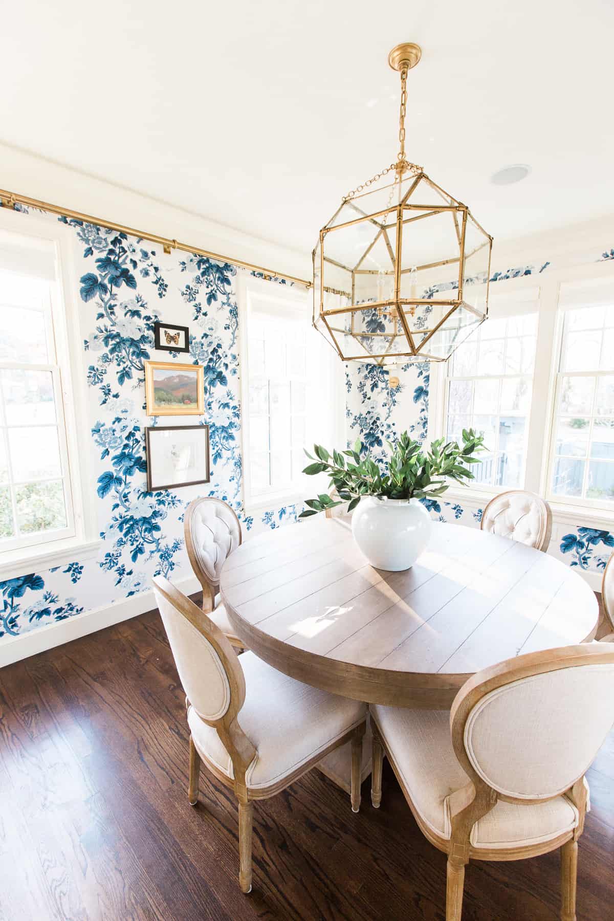 Studio McGee designs, Schumacher Pyne Hollyhock wallpaper, blue and white wallpaper, chintz design, what is chintz