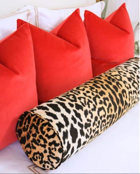 Vermillion velvet pillow, velvet pillow covers, velvet leopard bolster