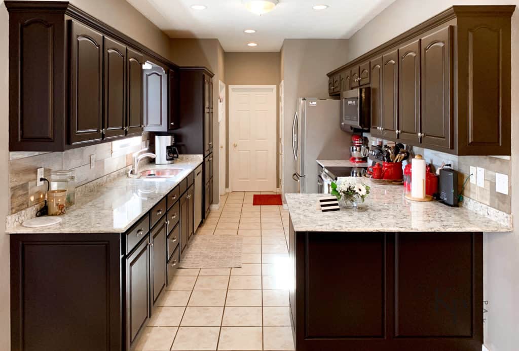 cabinets kitchen dark espresso light countertops granite brown paint interactions reader use cabinet oak stained backsplash