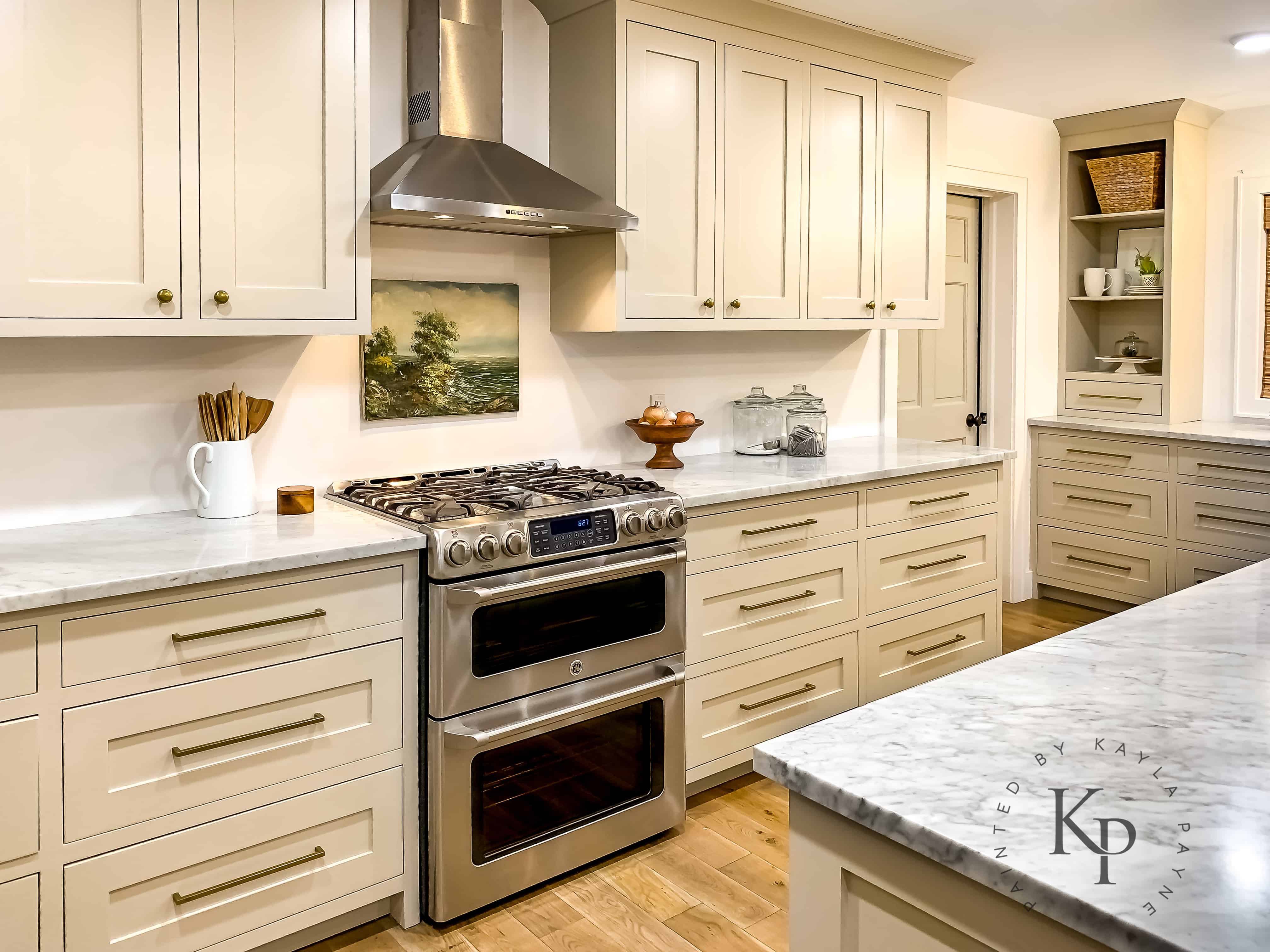 Revere Pewter Kitchen cabinets with brass hardware