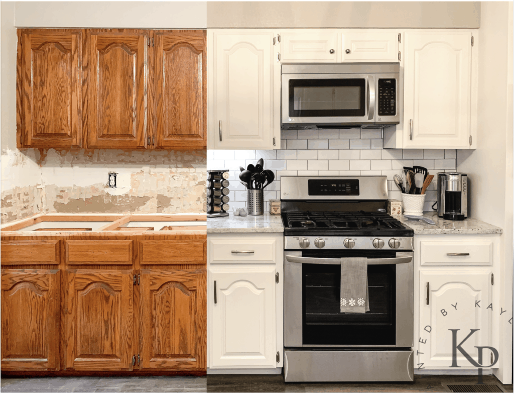 Kitchen cabinet painting before and after.  Sherwin williams alabaster white kitchen cabinets with white subway tile backsplash and granite countertops.  honey oak kitchen cabinets.  how to paint oak cabinets. can you paint oak cabinets.  best way to paint kitchen cabinets