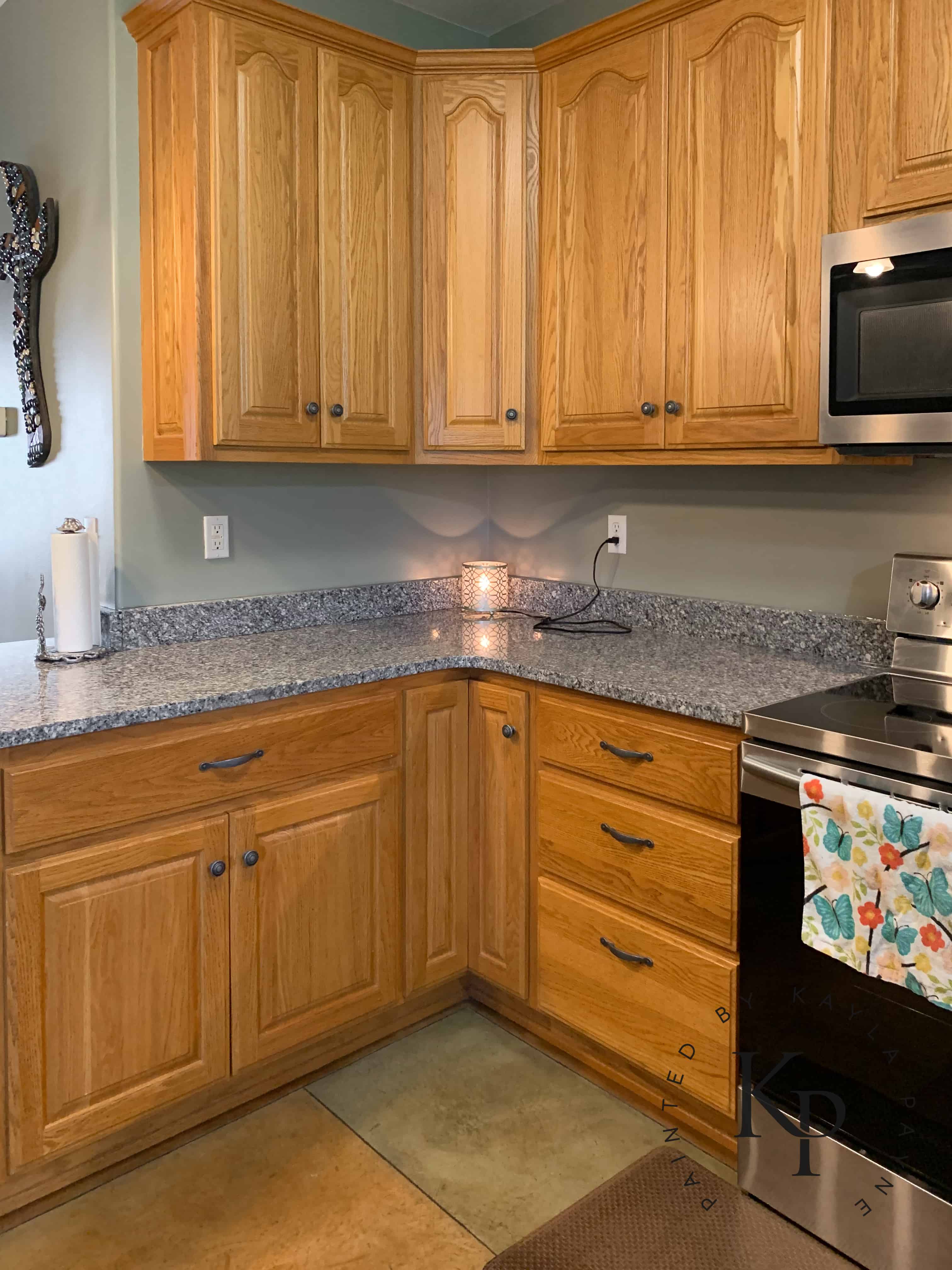 orange stained cabinets