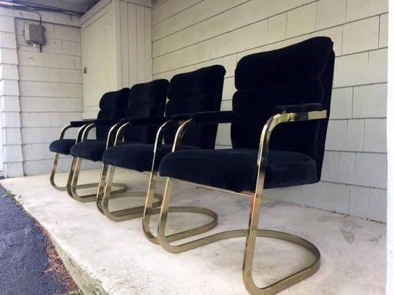 Velvet upholstered Milo Baughman cantilever dining chairs