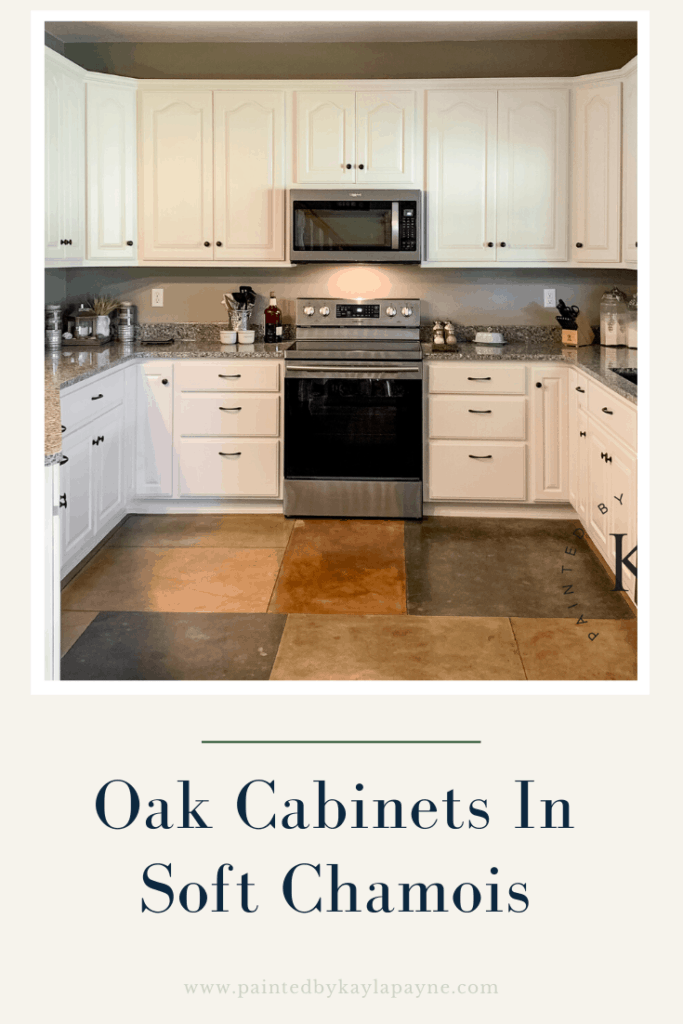 Oak cabinets before and after painted in Benjamin Moore Soft Chamois
