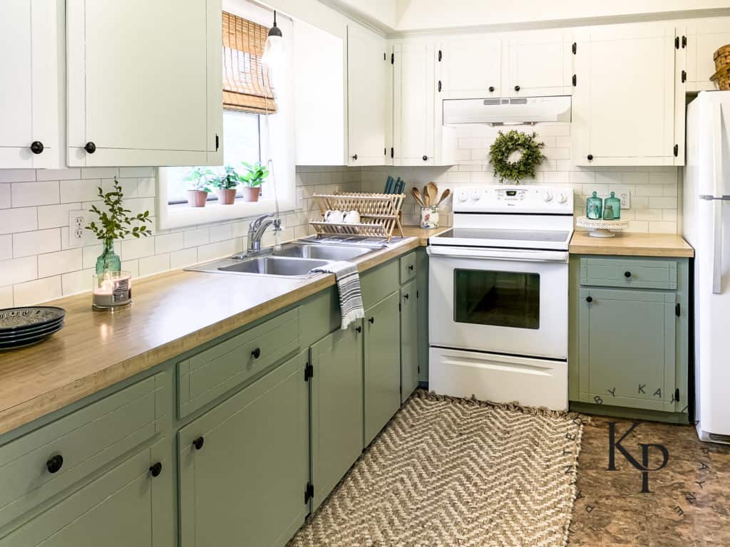 green kitchen cabinets, two tone cabinets, how to repaint badly painted cabinets