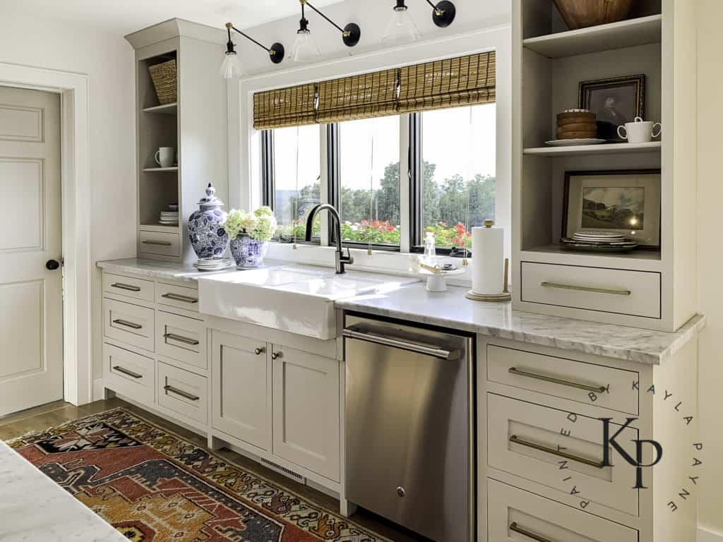 Kitchen cabinets painted in Benjamin Moore Revere Pewter