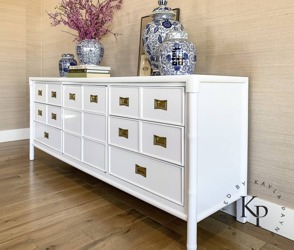 faux bamboo campaign dresser. white gloss dresser. painting high gloss furniture