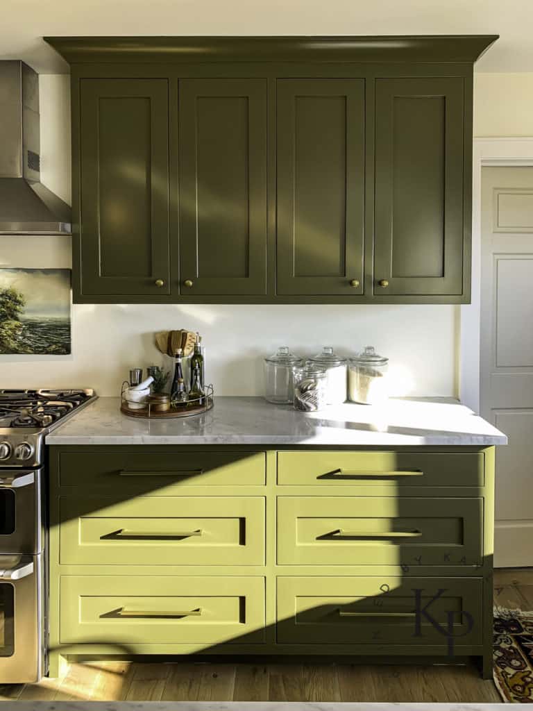 Olive green cabinets. Kitchen cabinets painted in Fine Paints of Europe Eco Satin. 